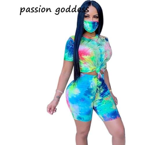 3 Piece Sets Tie Dye Print Womens Outfits Short Sleeve T-shirt Elastic Waist Shorts Masks 3pcs Women Fitness Sport Tracksuits