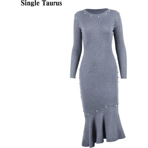2021 Female Beaded Pearl Knitting Dress Long Sleeve Skinny Push Up Sexy Ruffle Mid Long Length Sweater Midi Bodycon Dress