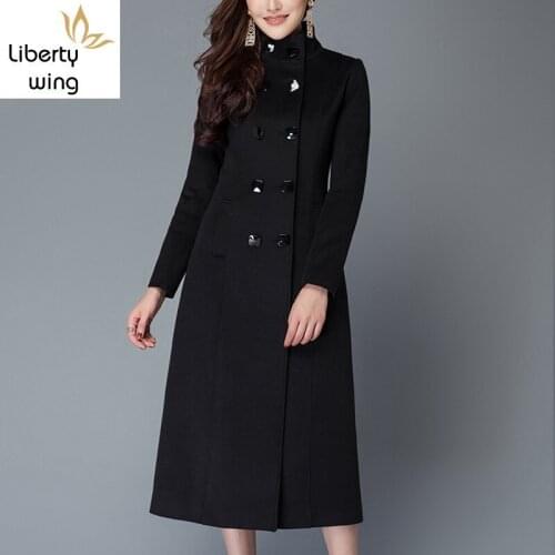 2020 Autumn Classic Double Breasted Wool Coat Full Length Thick Warm Overcoat Stand Collar Slim Fit Female Jacket Womens Outwear