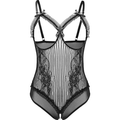 Hollow Out One Piece V-neck Lingerie Erotic Teddies Bodysuit Sexy Women Floral Lace Body Suit Plus Size Porno Costume Intimates