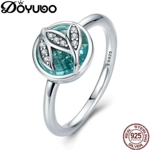 DOYUBO Antique S925 Real Silver Blue Cubic Zircon Rings For Lady High Quality Women Leaves Wedding Bands Rings Jewelry AGB027