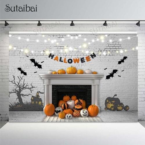 Halloween Photography Background Pumpkin Bat Fireplace Tree Lights Terror Night Castle Decor Backdrop for Photo Studio Photocall