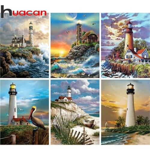 Huacan Full Square Drill Diamond Painting 5d Lighthouse DIY Diamond Embroidery Sale Landscape Mosaic Needlework Home Decor