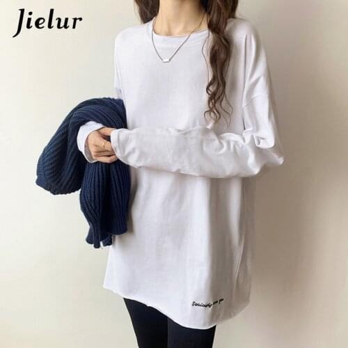 Jielur Autumn New Korean White Tshirt Women Letter Embroidered Female T-shirts Full Sleeve Loose Cotton Bottoming Shirt Long Top