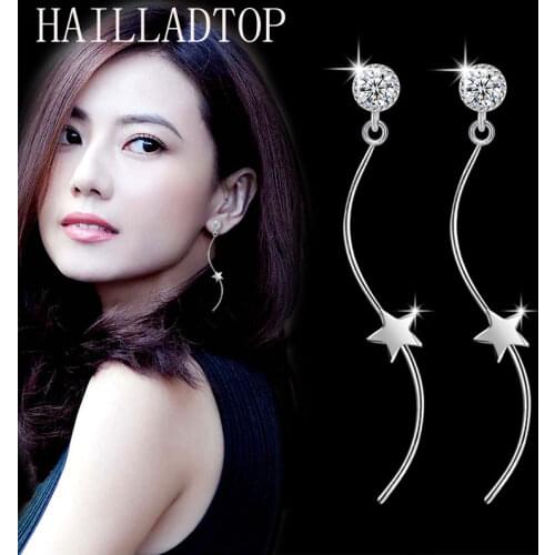 Tassel Star Ear Line Wavy Rotating Zirconia Crystal Eardrop Female Trendy Pentagram Ear Dangler Sweet Star Wave Hanging Earrings