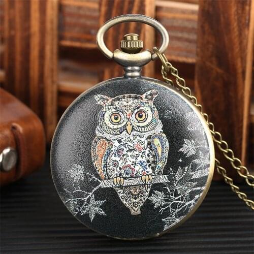 Fashion Vintage Owl Birds Display Pocket Watch Bronze Chain Necklace Pendant Clock Full Hunter Quartz Pocket Timepiece Gift