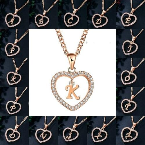 MOFLO Women Heart Pendant Necklace Zircon 26 Letter Necklace Heart Shape Jewelry