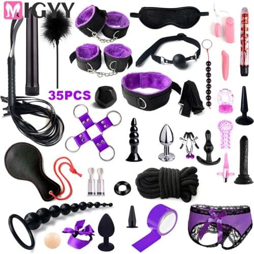 17/20/26/28/32/35pcs BDSM Bondage Restraint Kit Bullet Vibrator Handcuff Whip Mouth Gag Anal Bead Butt Plug Adult Game Props