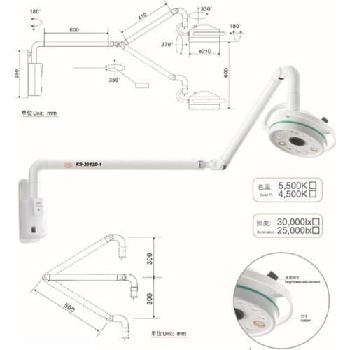 Wall Mounted 36W Medical Surgery LED Shadowless Light Operation Lamp Oral Implant Surgery Examination Lamp Pet Clinic(90V-240V)