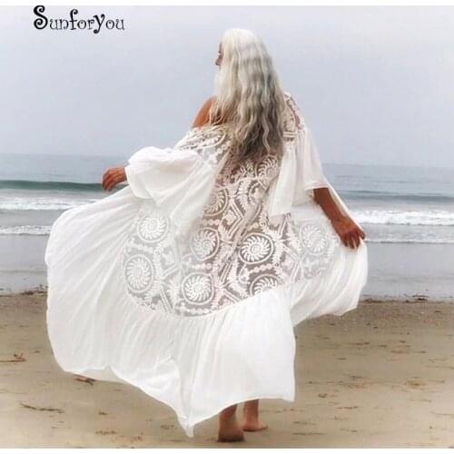 New Sexy Lace Beach Cover up Chiffon Patchwork Women Causal Summer Beachwear White Bikini Cover up Kaftans Beach Tunic Pareos