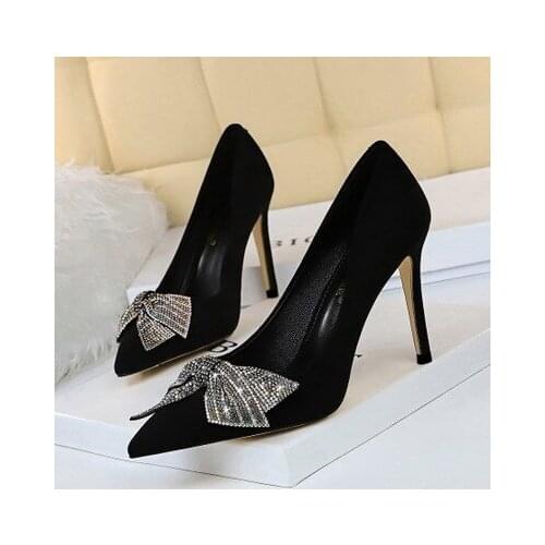 NEW Gradient Crystal Women Pumps Butterfly-knot Flock High Heels 9.5CM Female Shoes Sexy Stilettos Platform Wedding Party Shoes