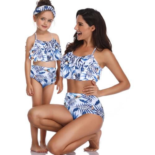 3-12 Year Girls Swimsuit Floral Print Kids Swimwear Summer Mom and Daughter Bikini Sets Ruffle Children Beach Wear Bathing Suits