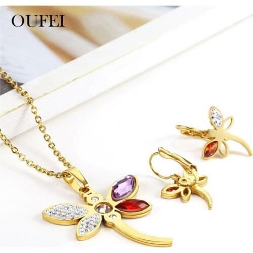 OUFEI Crystal Dragonfly Necklace Set Of Earrings For Women Stainless Steel Jewelry Woman Vogue 2019 Earring Female Accessories
