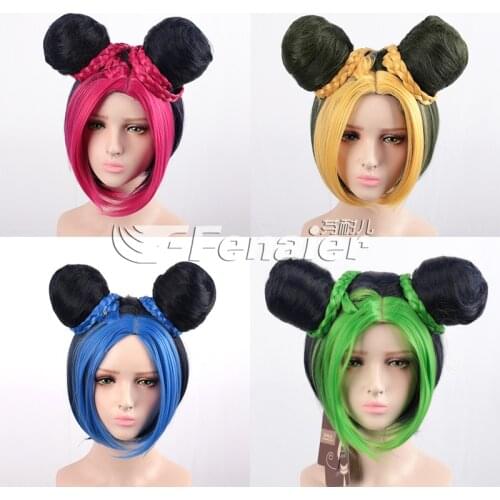 4 Colors JoJos Bizarre Adventure Golden Wind Jolyne Cujoh Cosplay Wig Buns Braids Synthetic Hair Party Halloween + Free Wig Cap