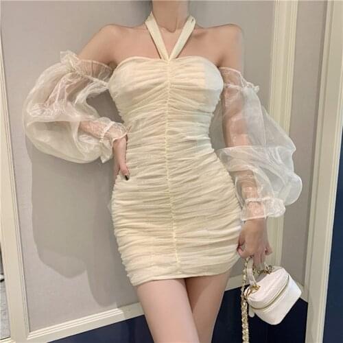Mesh lace-up pleated off shoulder strapless halter neck long-sleeved dress short package hip dresses female
