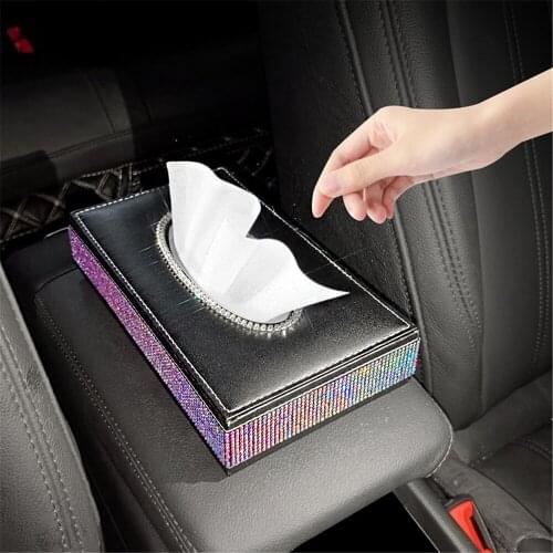 Bling Sparking Car Tissue Box Seat Towel Box Male Women Rhinestone Car Family Convenience Tissue Mask Storage Box