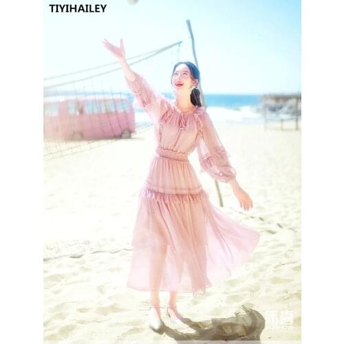 TIYIHAILEY Free Shipping 2021 New Long Maxi Summer Women Chiffon Boshow S-L Three Quarter Lantern Sleeve Dresses High Waist