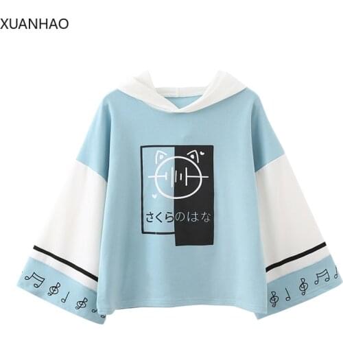 XUANHAO Women Harajuku Print Hooded Sweatshirts Long Sleeve Patchwork Hoodies For Femme Casual Loose Cute Pullovers