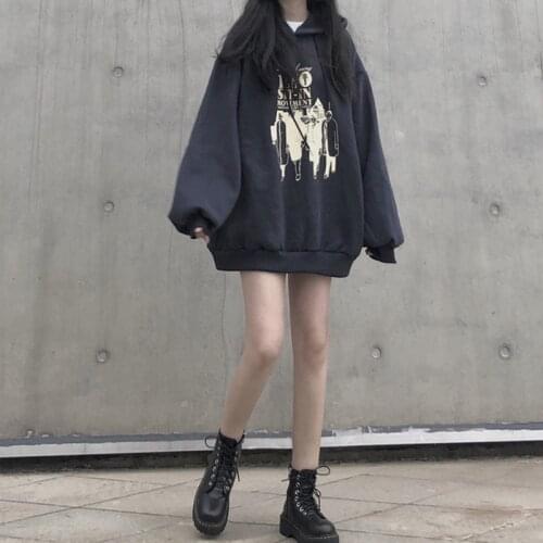 Harajuku Hoodies Sweatshirts Women Autumn Winter Oversized Print Thick Warm Black White Loose Korean Hooded Pullover Tops