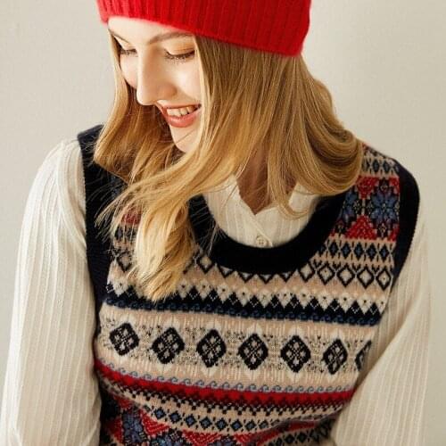 Vintage Pattern National Style Warm Pure Cashmere Vest Womens 2020 New Style for Autumn Winter Knitted Wool Printed Waistcoat