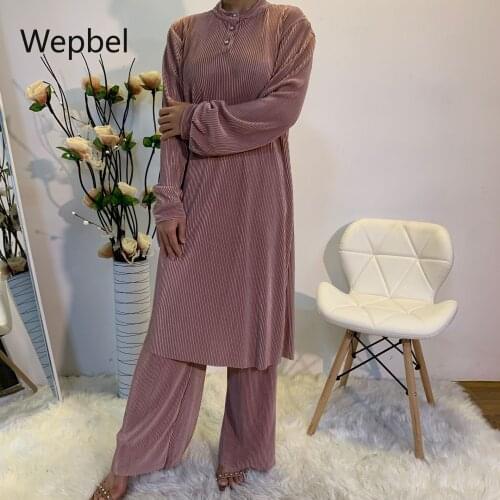 Weppel Arab Simple Plain Pleated Muslim Womens Two-Piece Suit Solid Color Tops High Waist Pants Islamic Women Sets Outfits