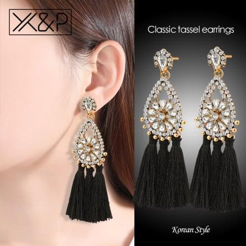 X&P Fashion Bohemian Handmade Statement Tassel Crystal Long Drop Earrings for Women Girl Party Ethnic Zircon Earring Jewelry
