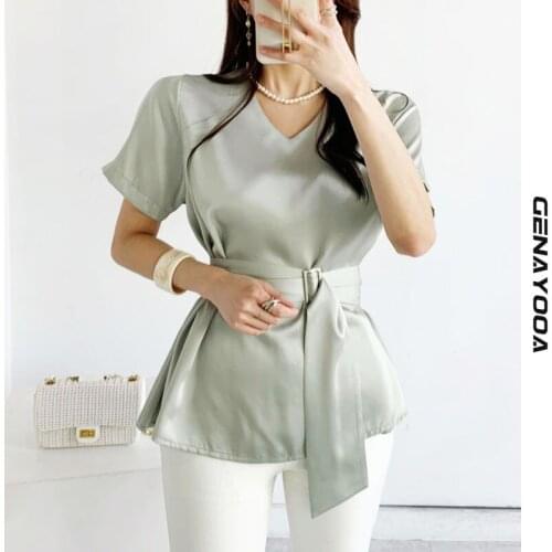 Genayooa Womens T-shirt 2021 Summer Korean Tee Shirt Femme Satin Ladies Tops Short Sleeve Elegant Chic T Shirt Women Office