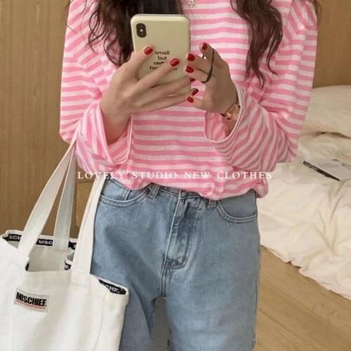 2021 Spring Summer Womens T-shirt Color Stripes Sunscreen Pullover Women Thin Korean Round Neck Loose Casual Long Sleeve T-shirt