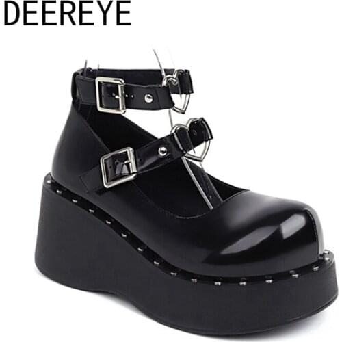 Woman Patent Leather Dark Punk Lolita Ankle 2 Heart-Shaped Buckles Straps Silver Rivets Platform Shoes 6.5cm Shallow Spring 2021