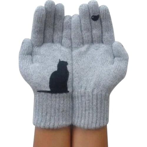 Ladies Cute Cat Printed Gloves For Women Winter Warm Woolen Gloves Autumn Outdoor Warm Cold Protection Padded Gloves 2020