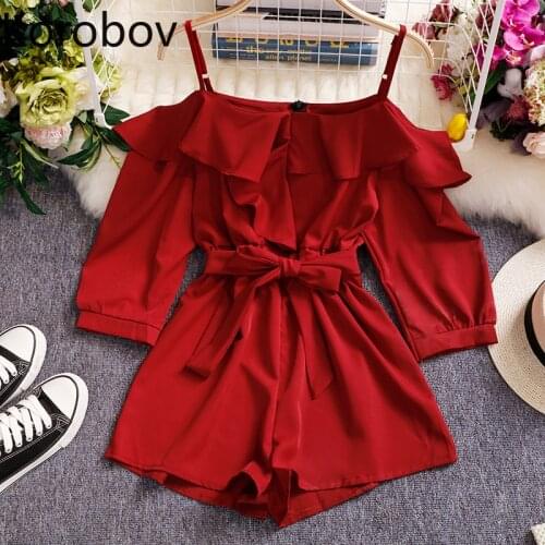 Korobov 2020 Spring Summer New Chic Women Playsuits Sexy Off Shoulder Elegant Ruffles Solid Jumpersuits Lace Up Bow 79587