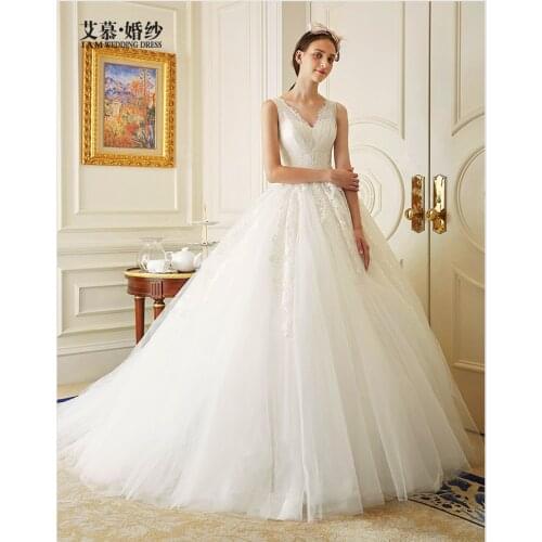 Vestido de noiva New Arrival 2016 Simple cheap sexy v-neck bride lace Wedding Dress white tulle ball gown appliques beading