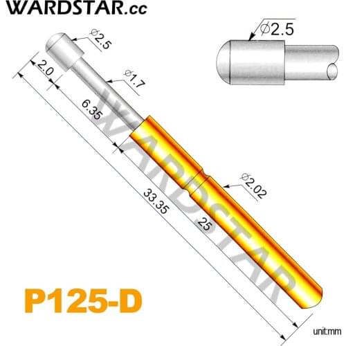 100pcs/lot P125-D Dia 2.5mm Spring Test Probes Pogo Pin Length 33.35mm (Stroke Spring Froce:180g)