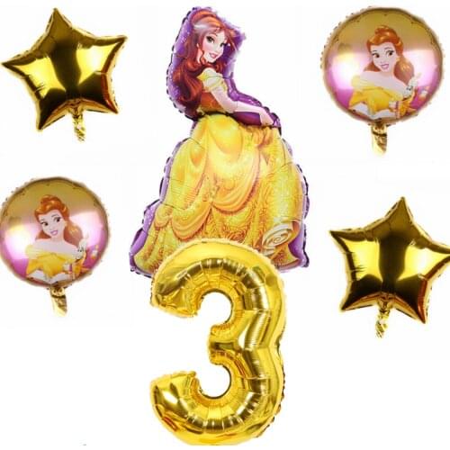 6pcs Disney Princess Belle Snow White Aurora Elsa 32'' Number Foil 1-9 Years Old Birthday Party Decoration Baby Shower Ball Set