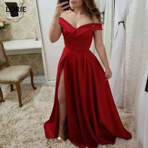 LORIE V-neck Off Shoulder Satin Evening Dresses Floor-Length Formal Prom Party Dress Vestido De Festa Robe De Soiree Side Split
