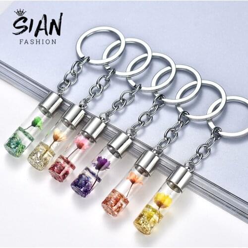 SIAN Acrylic Eternal Flower Pendant Keyring Drift Bottle Keychain Women Backpack Pendant Key Ring Sister Girlfriend Key Holders