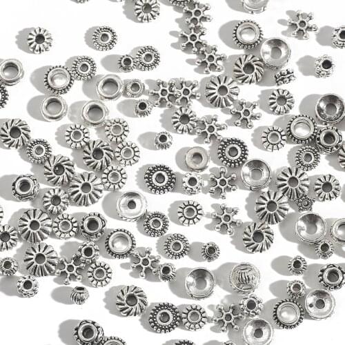 30-200pcs Antique Silver Color Tibetan Flower Beads 4/5/6/7/8mm Rondelle Spacer Beads For Jewelry Making DIY Charm Bracelets