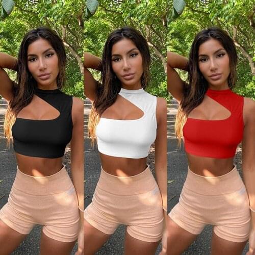 2021 NEW Sexy Womens Summer One Shoulder T Shirt Sleeveless Shirt See Through Tops T-Shirt Casual Lady Crop Tops Tee