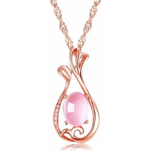 FYJS Unique Rose Gold Color Leaf Flower Pendant Rose Pink Quartz Necklace Temperament Jewerly