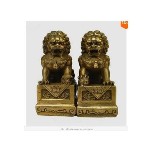 Collecting OLD copper Elaborate Old crafts Brass A Pair of China Folk Fengshui Foo Fu Dog Guardion Door Lion Statue sculpture