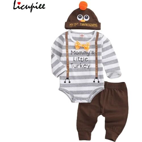 Licupiee Newborn Baby Boy Thanksgiving Clothes Set Cute Little Gentleman Outfit 3pcs Printed Romper+pants+hat 0-18 Months