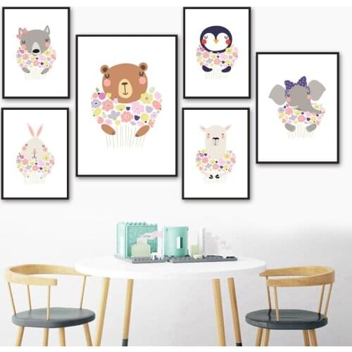 Rabbit Bear Alpaca Penguin Elephant Flower Nordic Posters And Prints Wall Art Canvas Painting Wall Pictures Baby Kids Room Decor