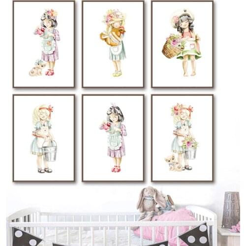 Cute Baby Girl Flower Cat Chicken Nordic Posters And Prints Wall Art Canvas Painting Nursery Wall Pictures For Kids Room Decor