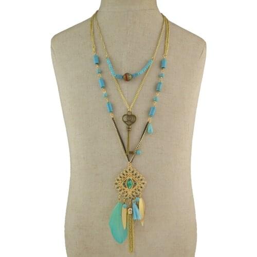 Multilayer Collier Femme Feather Fringe Tassel key Charms Necklace Turkish Green Stone Women Bib Collar Statement Boho Necklaces