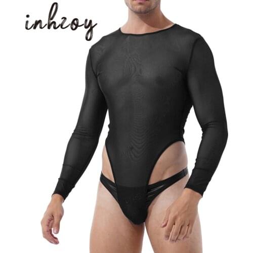Men Sexy Lingerie Sheer Mesh Gay Sissy Leotard Teddy Bodystocking Bodysuit Erotic Longsleeve Underwear Nightwear