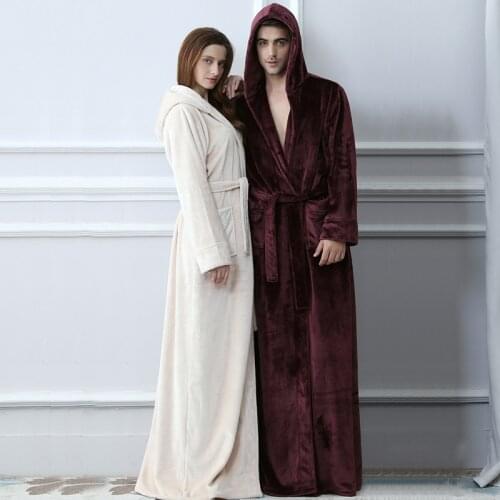 Lovers Plus Size Hooded extra Long Flannel Warm Bathrobe Men Women Thickening Winter Kimono Bath Robe Male Dressing Gown Robes