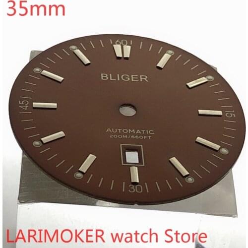 Bliger sterile 35mm square dial date kit ETA 2824/2836 Miyota 8215/8205/821A movement mens watch night plate part brown
