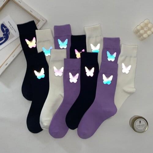 Night Reflect Colorful Light Women Sock Funny Black White Harajuku Butterfly Dino Hip-hop Ins Skateboard Socks