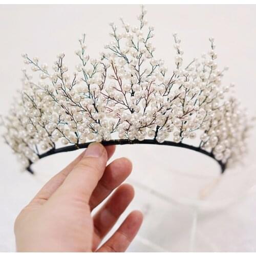 New Pearl Big Crown Wedding Tiara And Crown Gorgeous Black Wire Handmade Headband Bridal Headpiece Vintage Jewelry