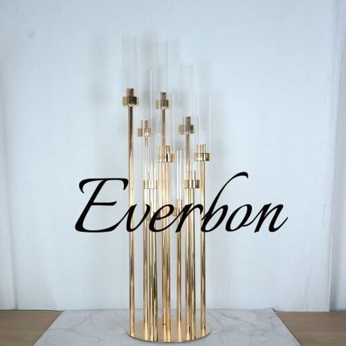 New style crystal clear candelabra metal gold candelabra wedding centerpieces 10 arms acrylic candle holder for wedding table